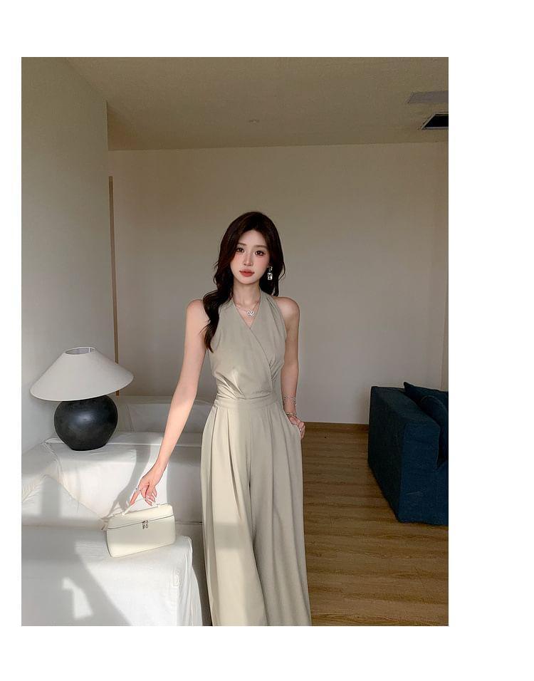 Sleeveless V-Neck Plain Wide Leg Jumpsuit Product Image