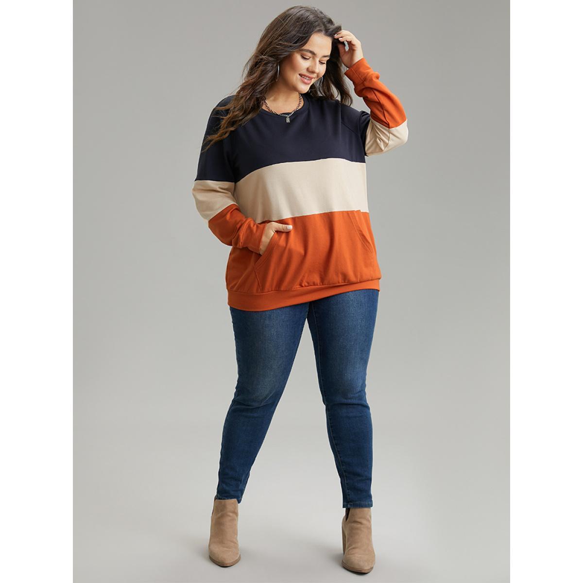 Plus Size Colorblock Contrast Crew Neck Kangaroo Pocket Sweatshirt Women Multicolor Casual Contrast Round Neck Dailywear Sweatshirts BloomChic 22-24/3X Product Image