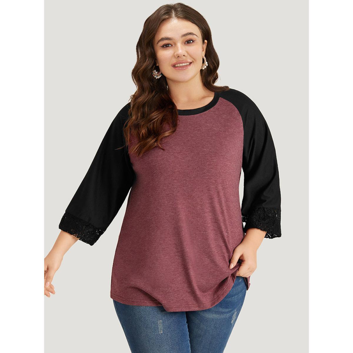 Plus Size Round Neck Lace Patchwork Raglan Sleeve T-shirt Russet Women Elegant Elastic cuffs Plain Round Neck Dailywear T-shirts BloomChic 10/M Product Image