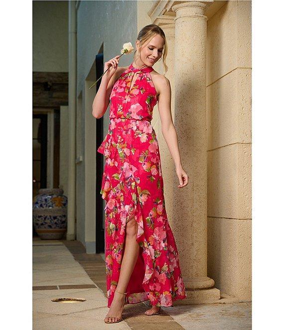 Adrianna Papell Chiffon Floral Print Halter Neck Sleeveless Ruffle Blouson Gown Product Image