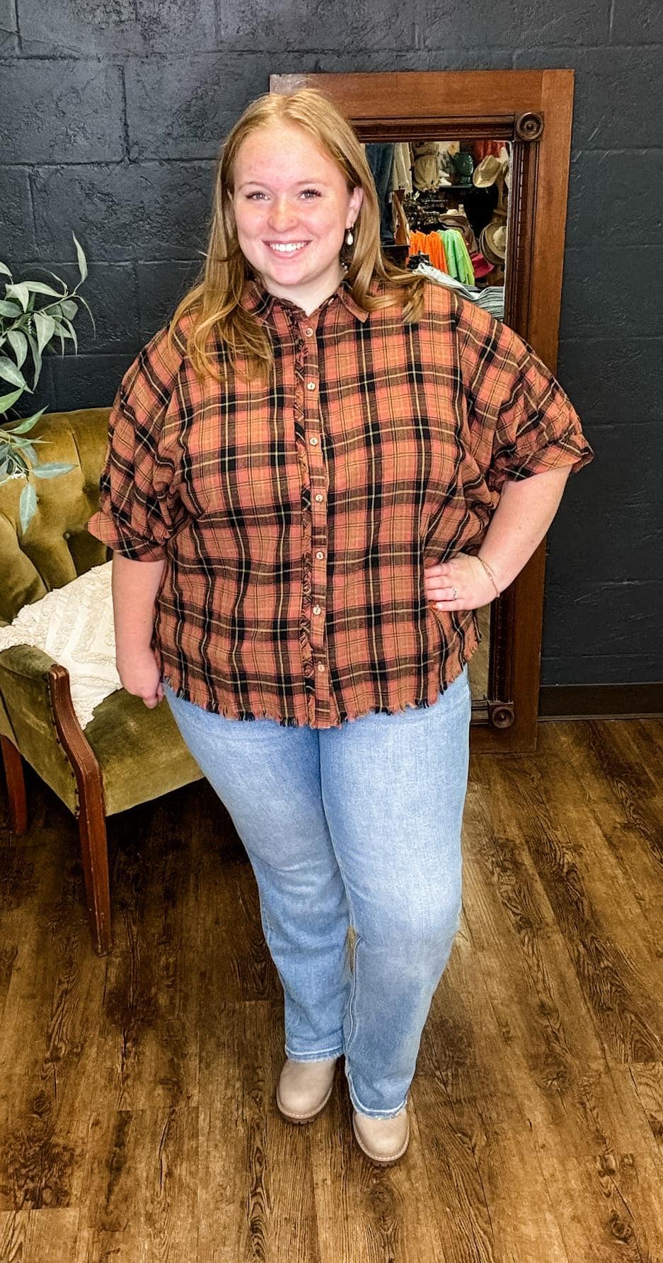 Pretty in Plaid Rosewood Collared Button Down Top (XL to 2XL) Product Image