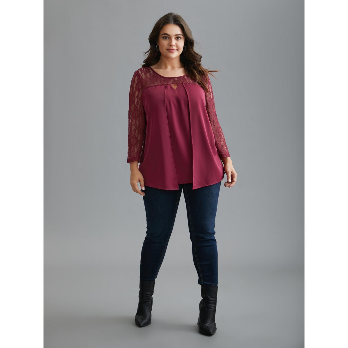 Plus Size RedViolet Sheer Lace Sleeve Neck Cut-Out Shirt Women Elegant Three Quater Length Sleeve Round Neck Everyday Blouses BloomChic 22-24/3X Product Image