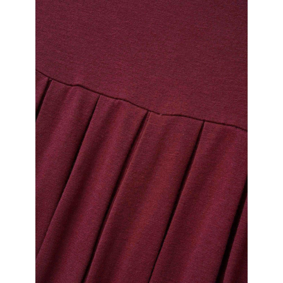 Plus Size Supersoft Essentials Solid Pleated Round Neck Midi Dress Burgundy Women Casual Plain Round Neck Short sleeve Curvy Midi Dress BloomChic 26/4X Product Image