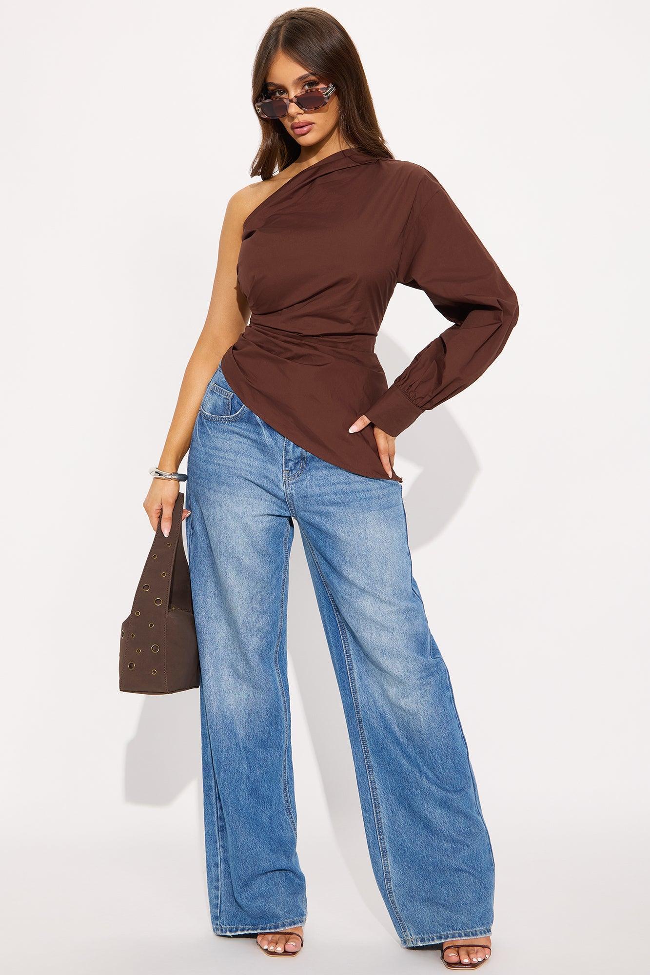 Dahlia One Shoulder Poplin Top - Chocolate Product Image