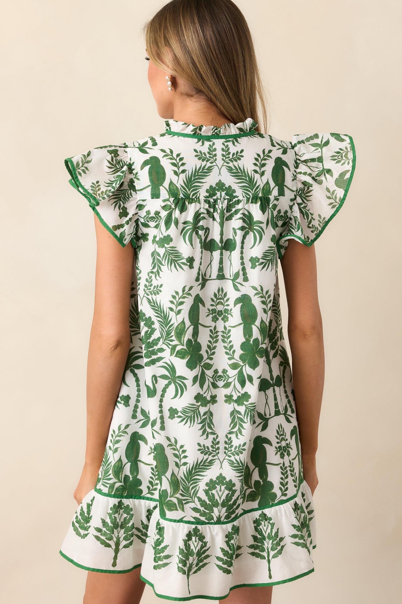 Hopping Islands Green Tropical Print Flutter Sleeve Mini Dress Product Image