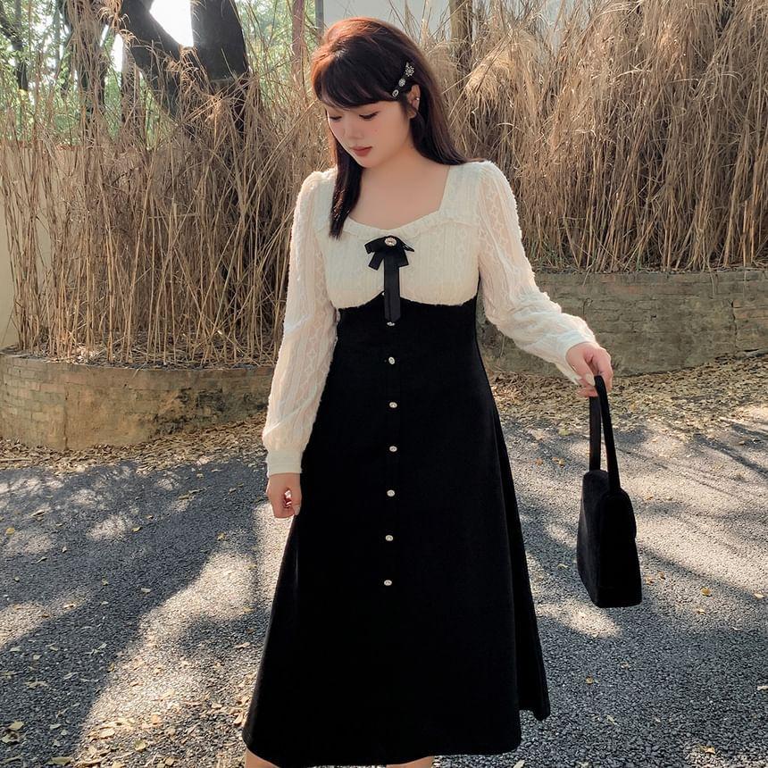 Plus Size Long-Sleeve Two Tone Lace Panel Button Midi A-Line Dress Product Image