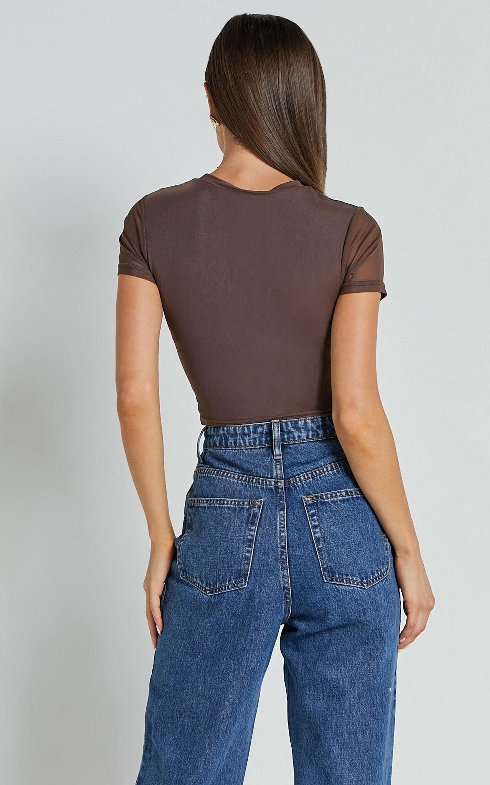 Rhianna Top - Short Sleeve Mesh Crop Top in Brown Product Image