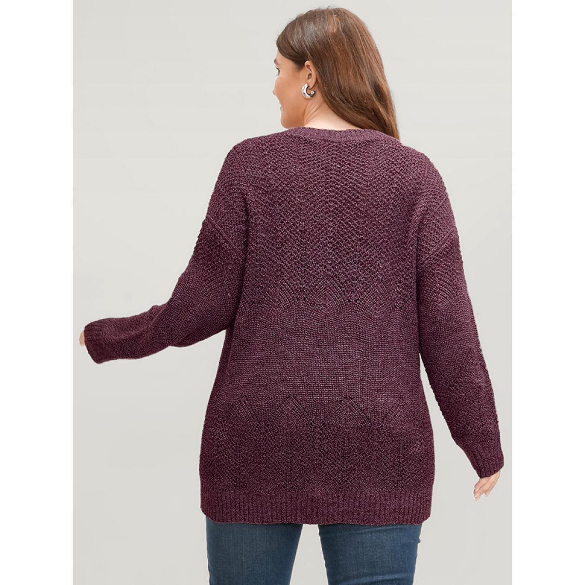 Plus Size Solid Pointelle Knit Eyelet V Neck Heather Knit Top Russet Women Elegant Loose Long Sleeve V-neck Dailywear Pullovers BloomChic 22-24/3X Product Image
