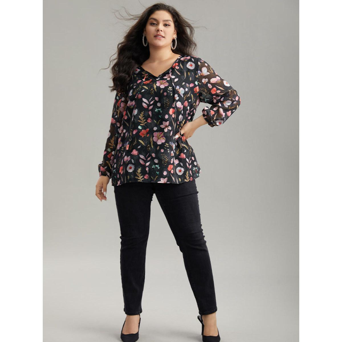 Plus Size BlackFlower Floral Print Chiffon Knot Neck Lantern Sleeve Blouse Women Elegant Long Sleeve Tie Neck Dailywear Blouses BloomChic 10/M Product Image