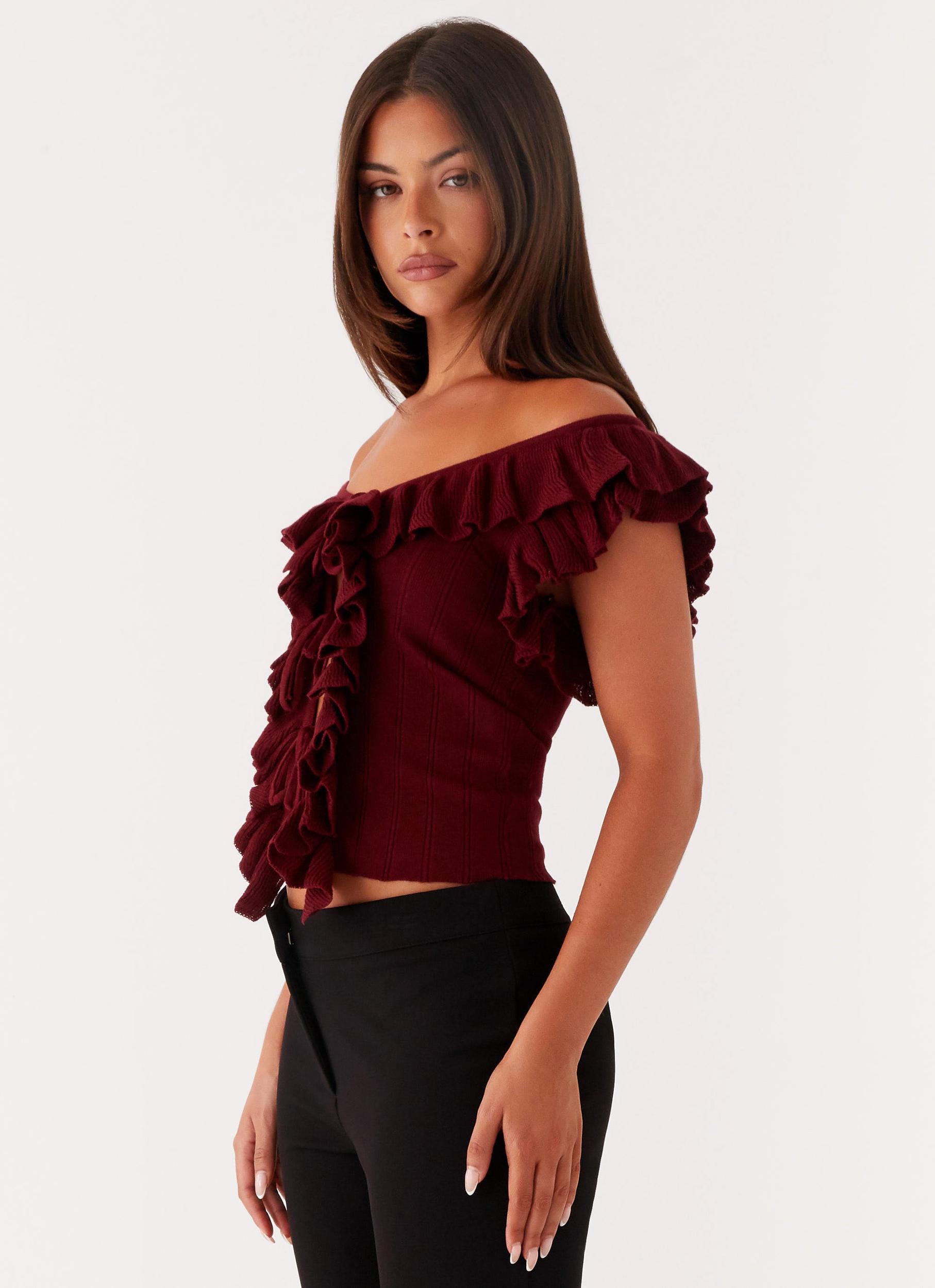 Keeta Frill Top - Burgundy Product Image