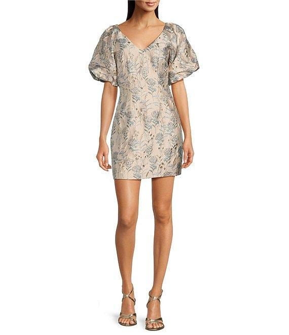 Adelyn Rae Metallic Jacquard V-Neckline Short Puff Sleeve Mini Dress Product Image