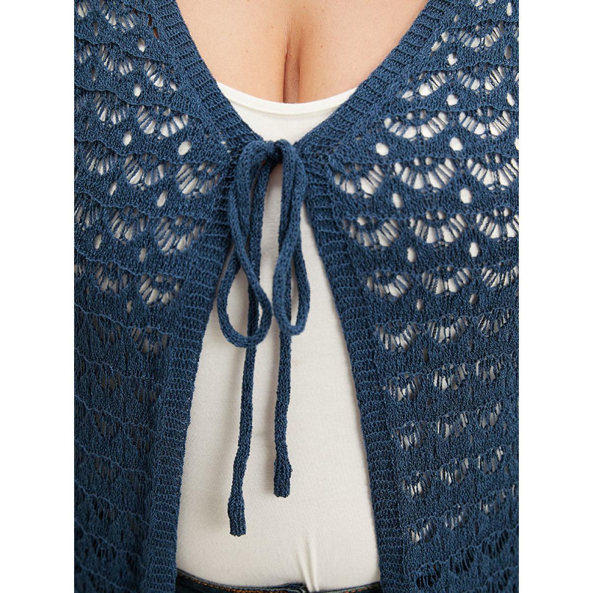 Plus Size Solid Eyelet Ties Front Bell Sleeve Cardigan Indigo Women Casual Loose Long Sleeve Dailywear Cardigans BloomChic 26/4X Product Image