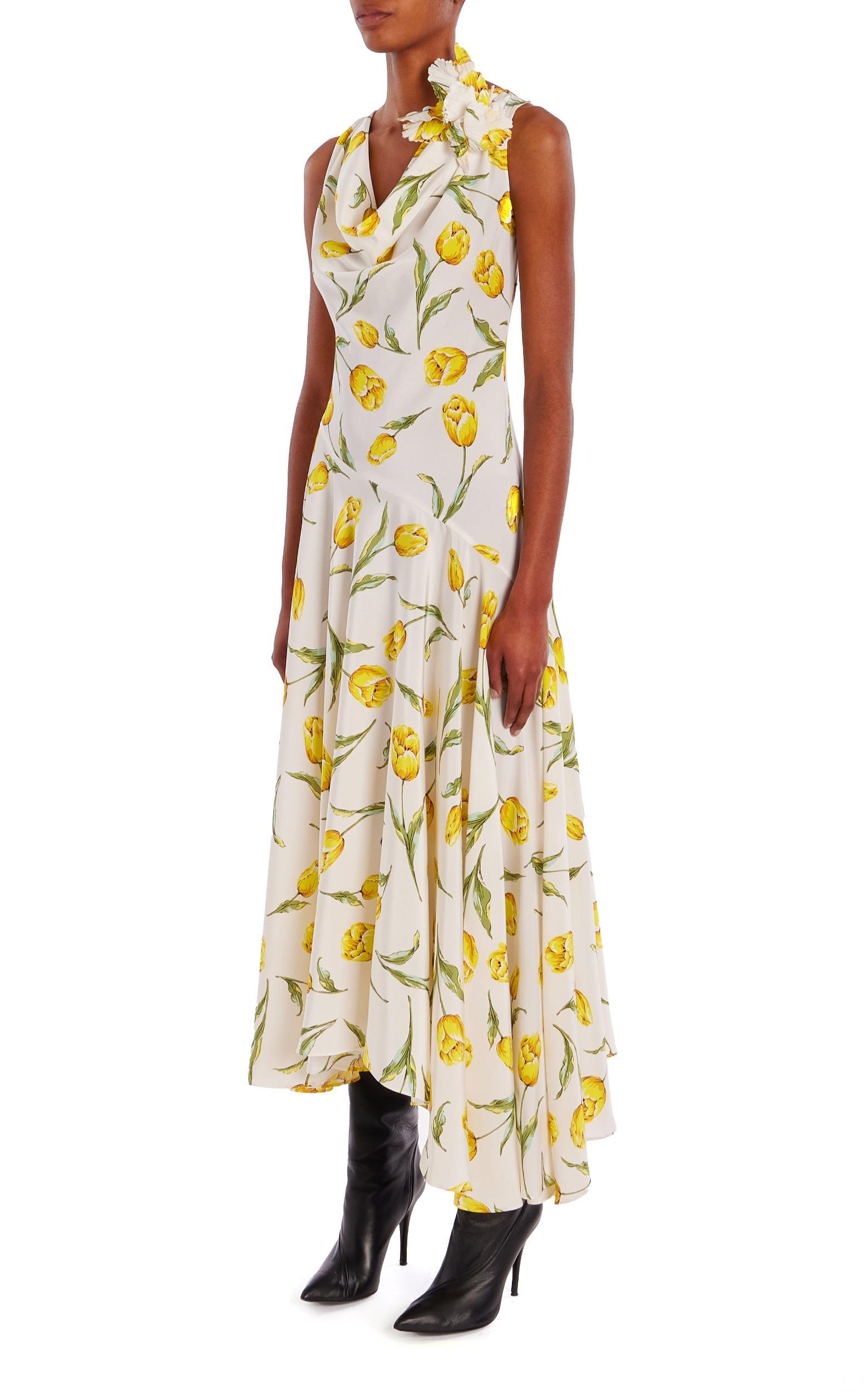 Floral Silk Cowl Neck Dress With Handkerchief Skirt Product Image