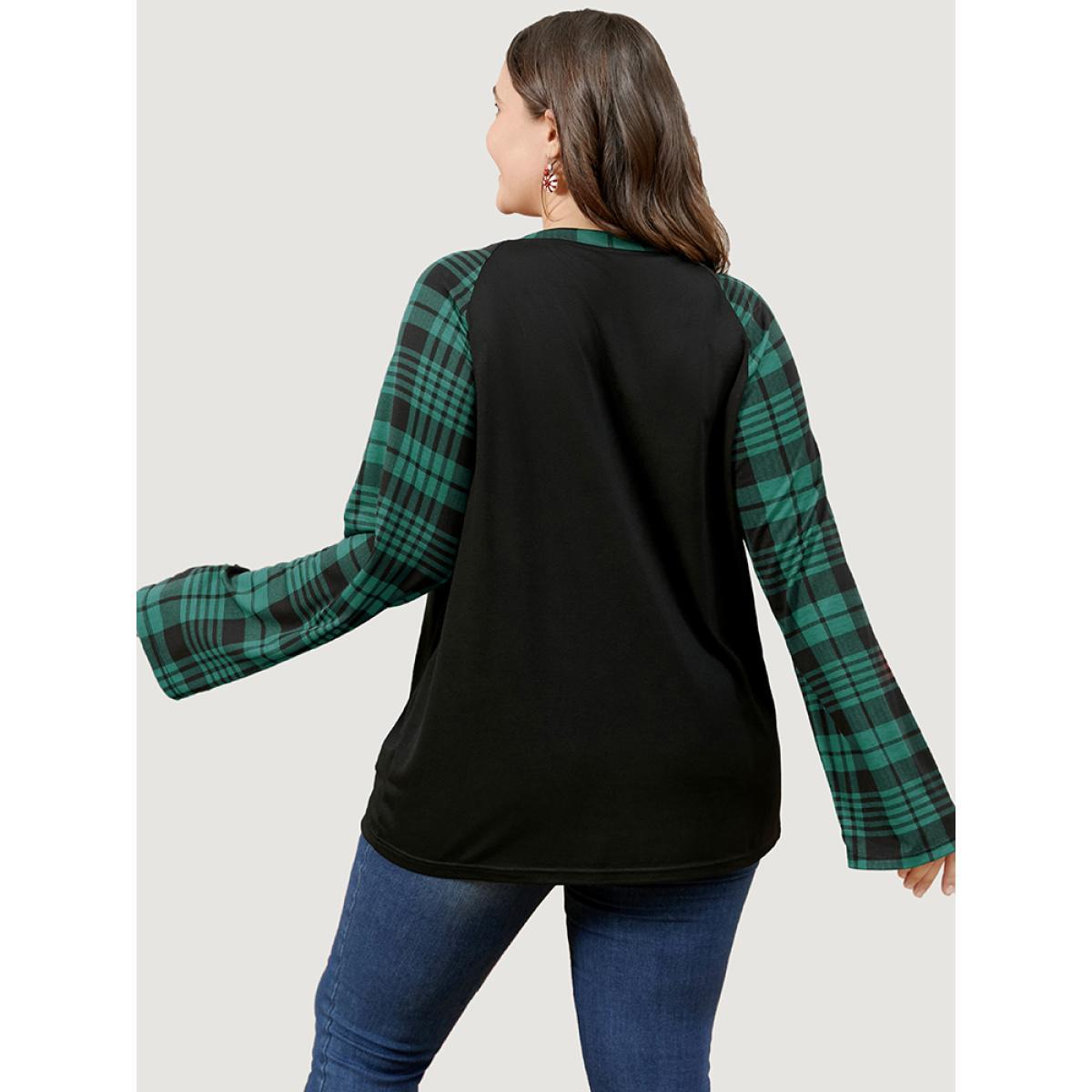 Plus Size Plaid Patchwork Bell Sleeve Long Tee Black Women Casual Contrast Plaid Round Neck Dailywear T-shirts BloomChic 26/4X Product Image