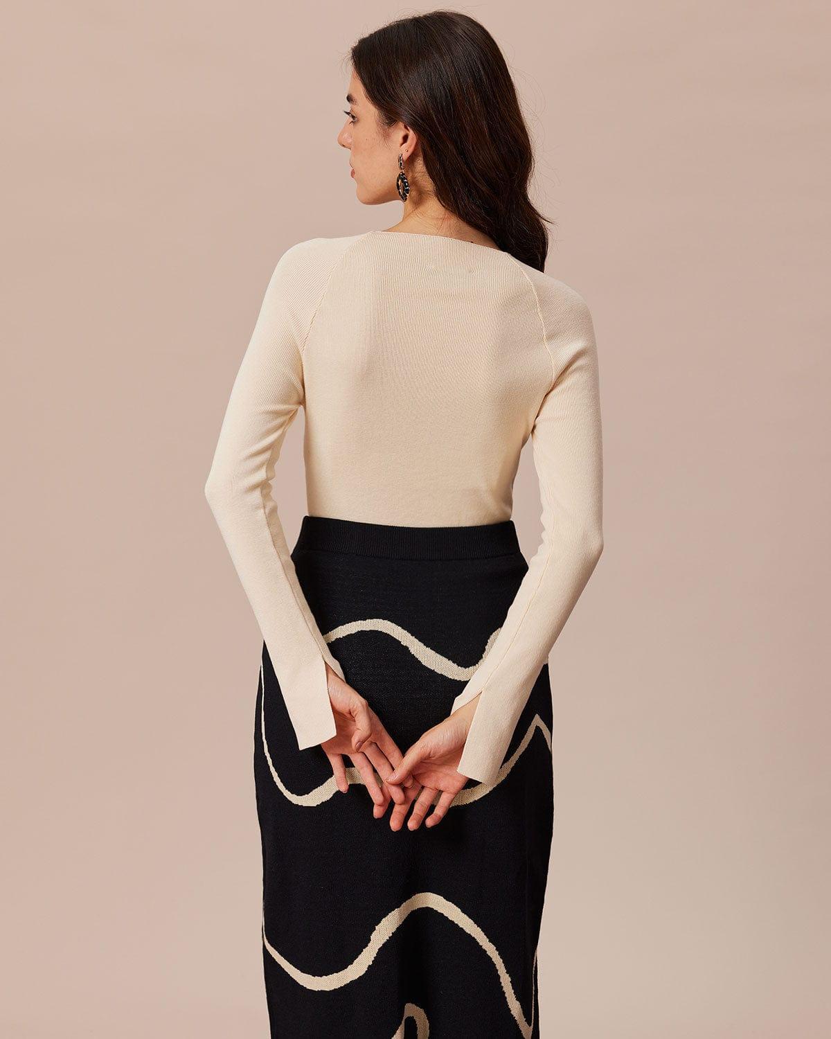 The Beige Ribbed Cut Out Bowknot Knit Top Product Image