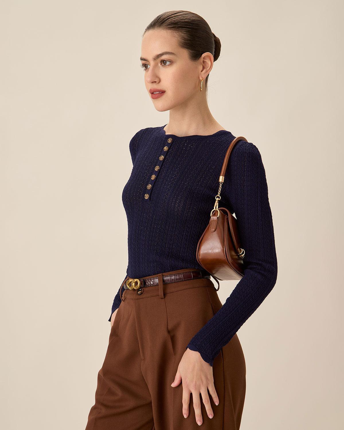 Navy Round Neck Slim Sweater Product Image