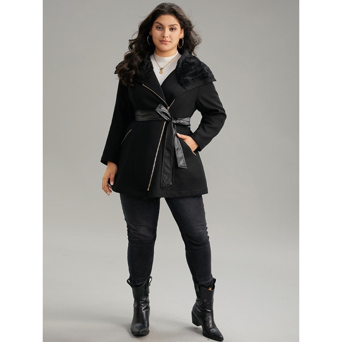 Plus Size Solid Zipper Belted PU Leather Knot Fuzzy Trim Coat Women Black Casual Plain Ladies Dailywear Winter Coats BloomChic 12/L Product Image