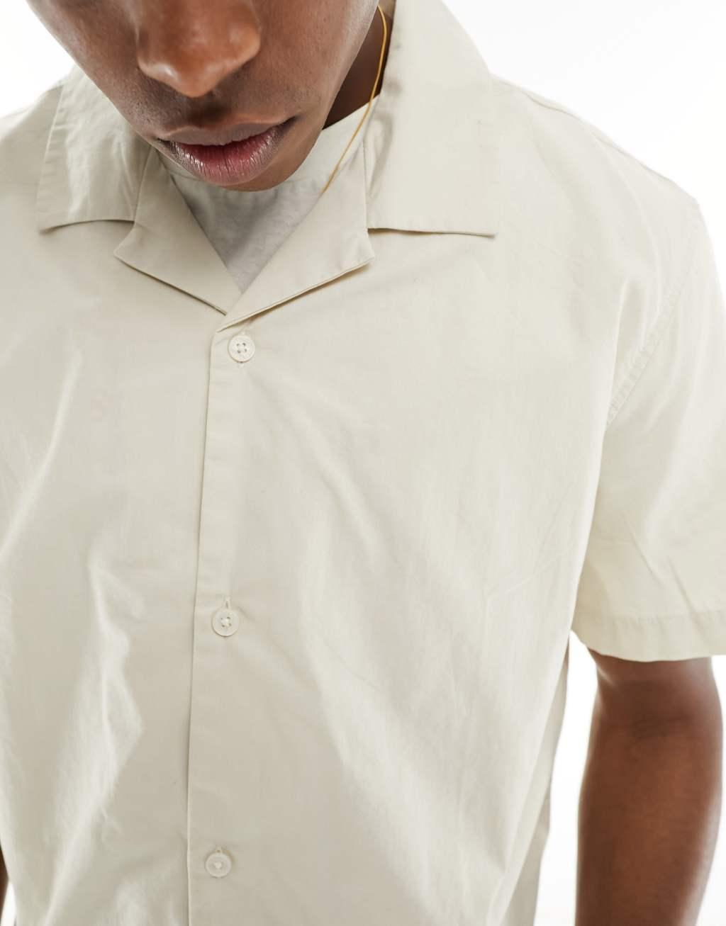 Weekday Charlie boxy fit short sleeve shirt in beige Product Image