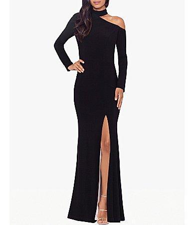 Xscape Stretch Asymmetrical Cut-Out Mock Neck Long Sleeve Gown Product Image