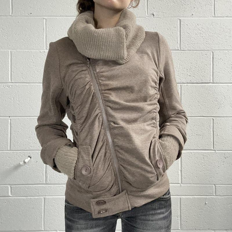 Long Sleeve Collar Plain Knit Panel Ruched Zip-Up Jacket Product Image