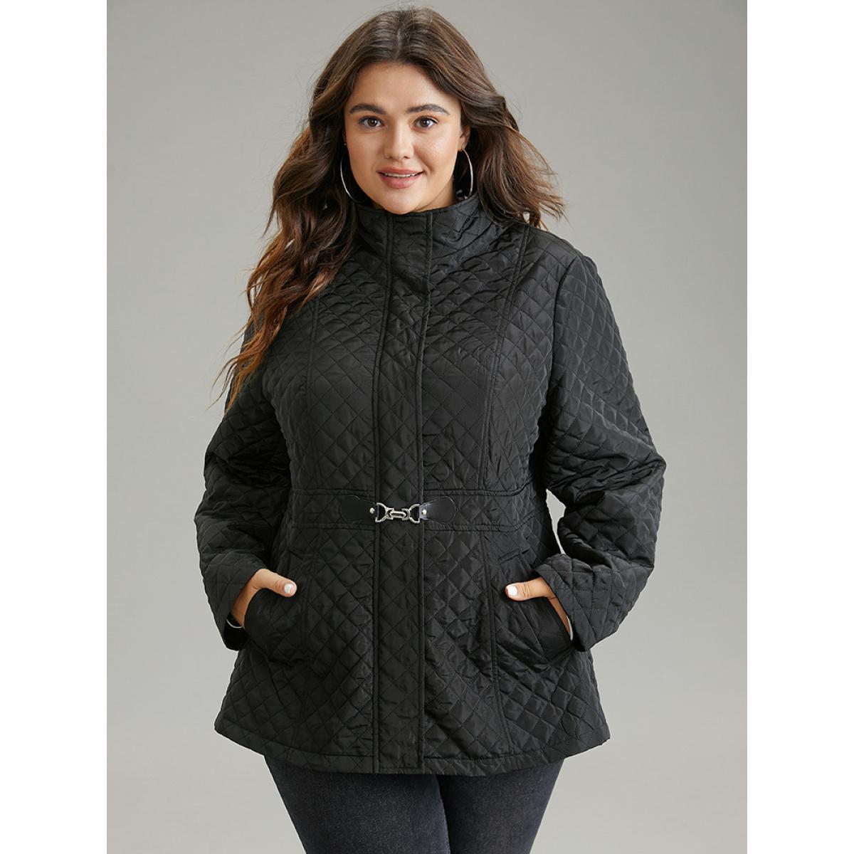 Plus Size Solid Buckle Detail Zipper Quilted Coat Women Black Casual Texture Ladies Everyday Winter Coats BloomChic 10/M Product Image