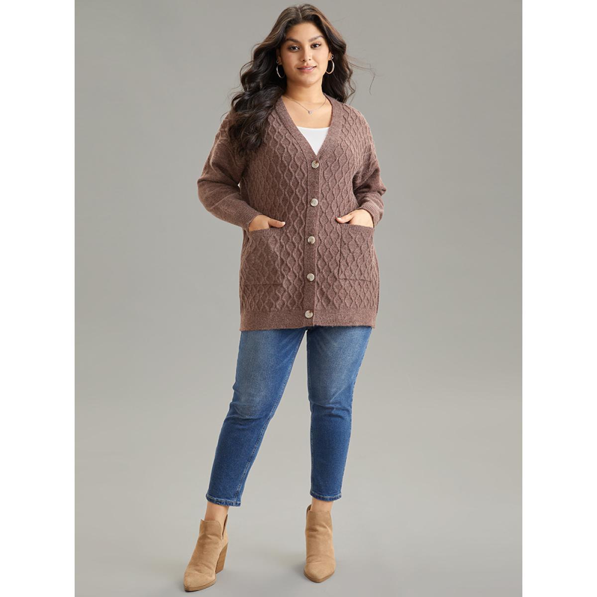 Plus Size Supersoft Essentials Heather Cable Knit Cardigan DarkBrown Women Casual Loose Long Sleeve Dailywear Cardigans BloomChic 30/6X Product Image