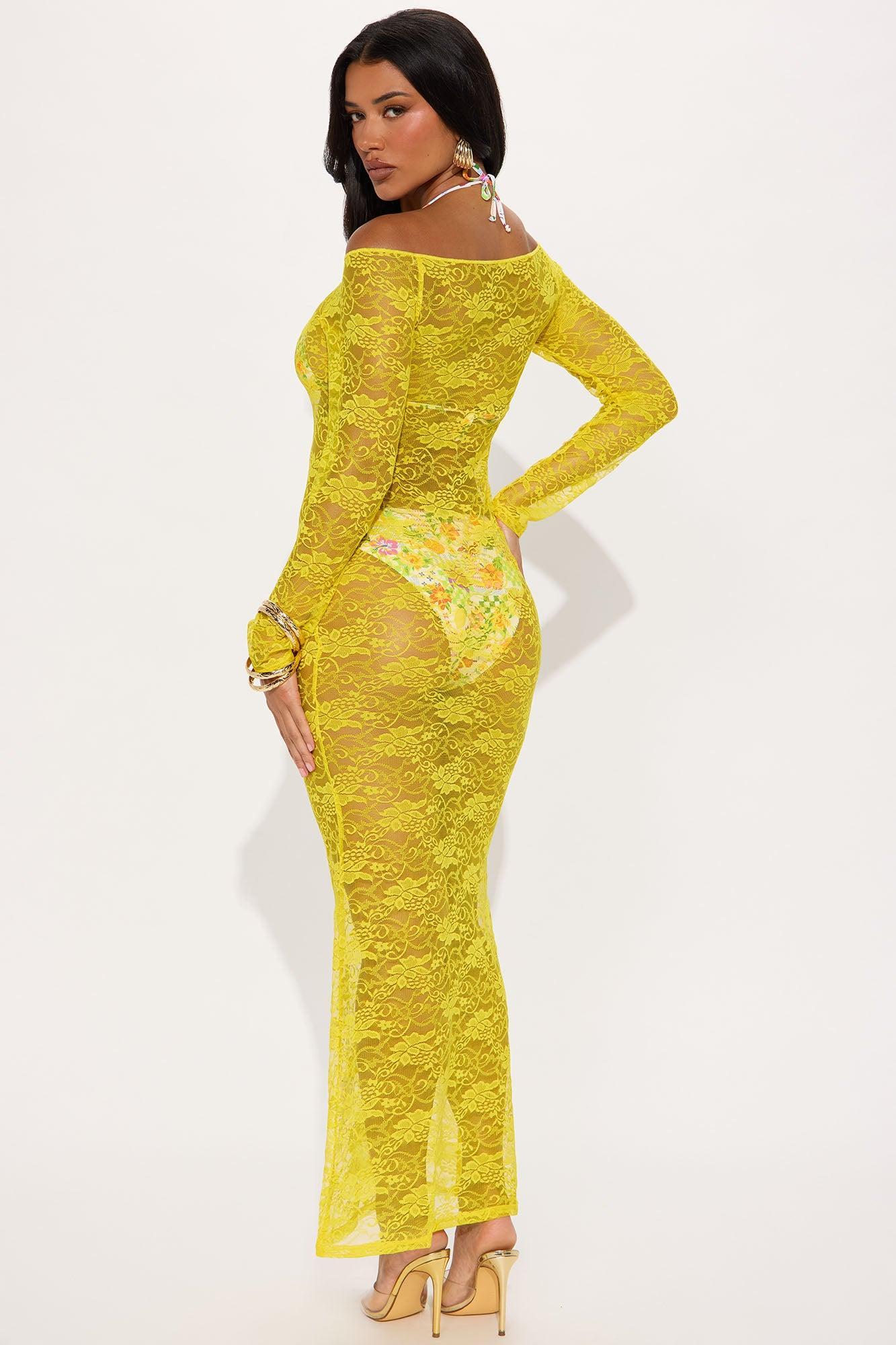 Cali Off Shoulder Sheer Lace Cover Up Maxi Dress - Yellow Product Image