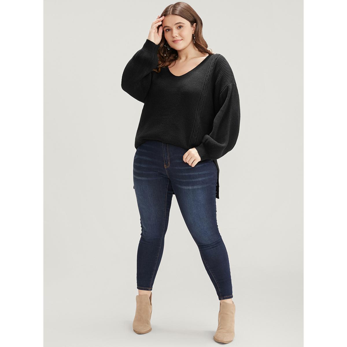 Plus Size Solid Pointelle Knit Lantern Sleeve Cut Out Split Knit Top Black Women Casual Loose Long Sleeve V-neck Dailywear Pullovers BloomChic 22-24/3X Product Image