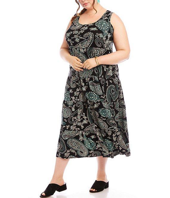 Karen Kane Plus Size Paisley Floral Print Scoop Neck Sleeveless Tiered Midi Dress Product Image