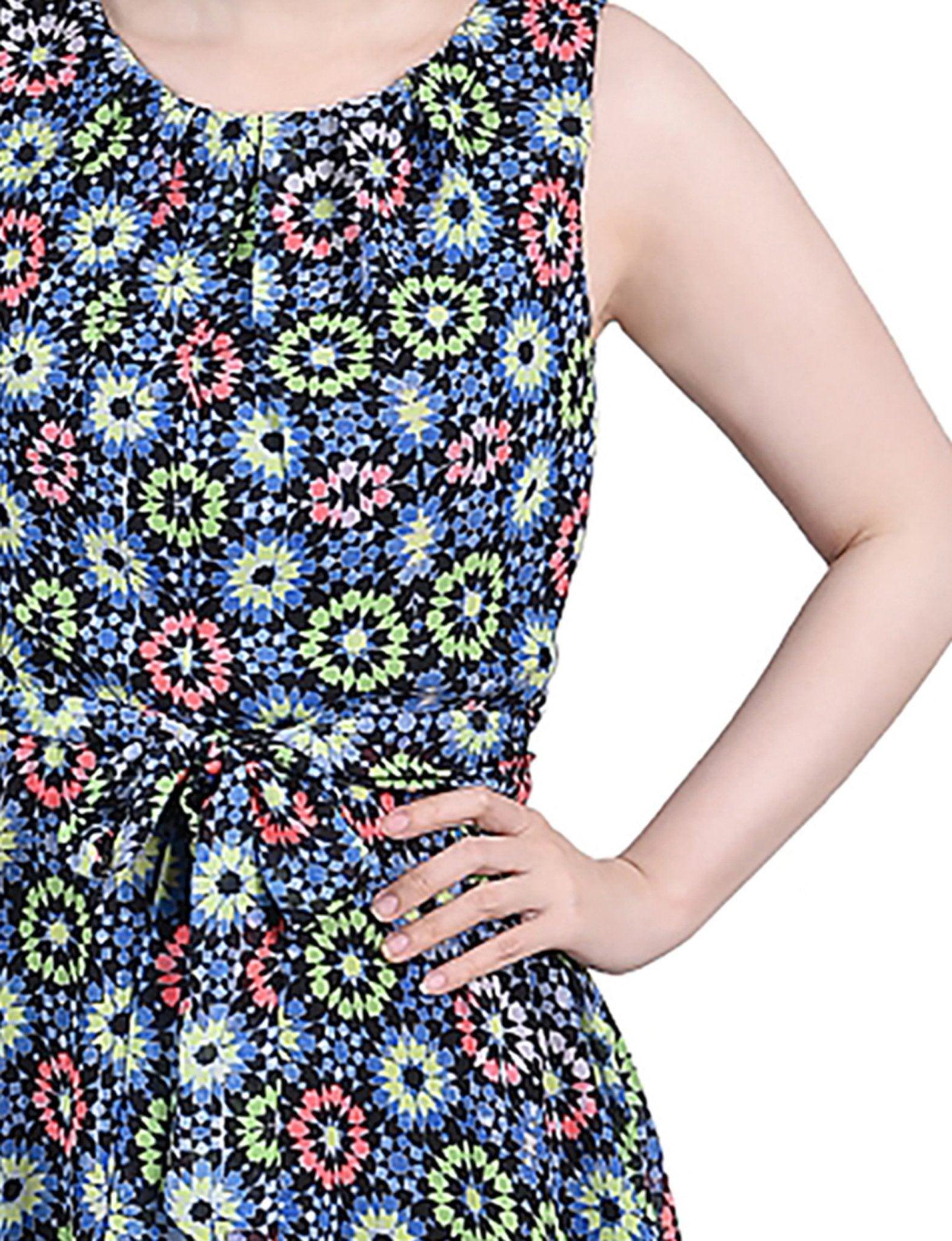 Geo Hippe Peasant Sleeveless Chiffon Belted Dress - Petite Product Image