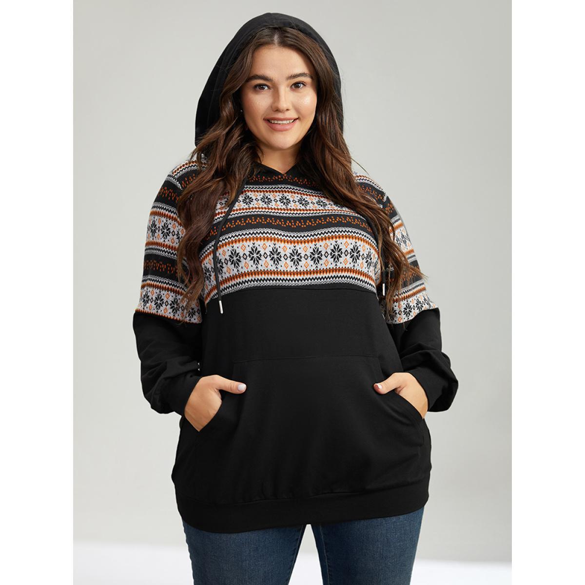 Plus Size Patchwork Contrast Pocket Hooded Drawstring Sweatshirt Women Black Casual Contrast Hooded Festival-Christmas Sweatshirts BloomChic 26/4X Product Image