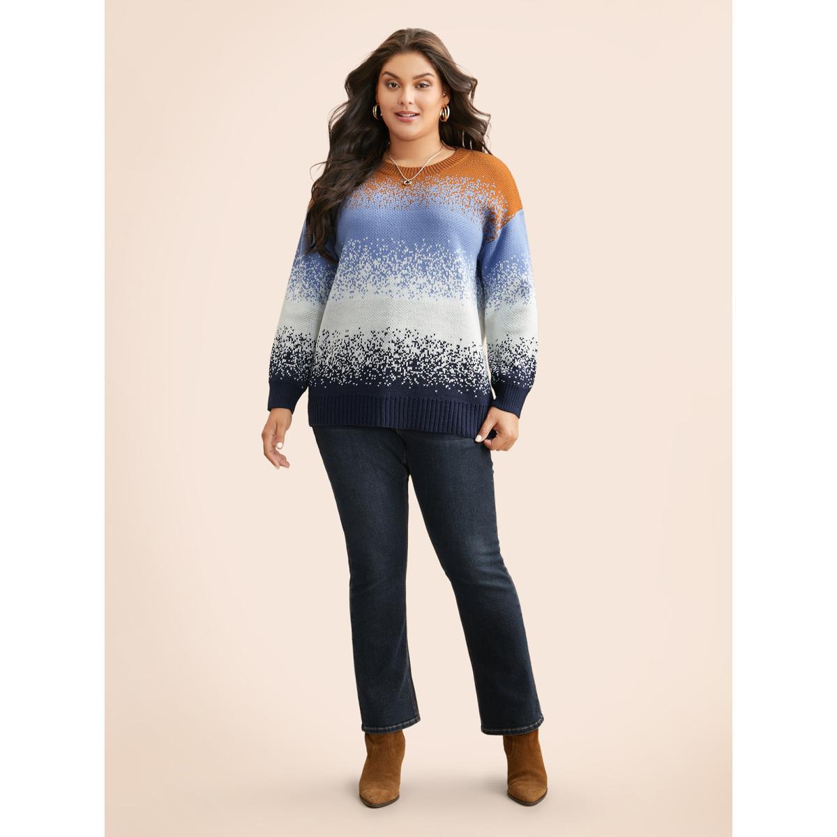 Plus Size Gradient Dyeing Contrast Drop Shoulder Pullover Indigo Women Casual Loose Long Sleeve Round Neck Everyday Pullovers BloomChic 14-16/1X Product Image