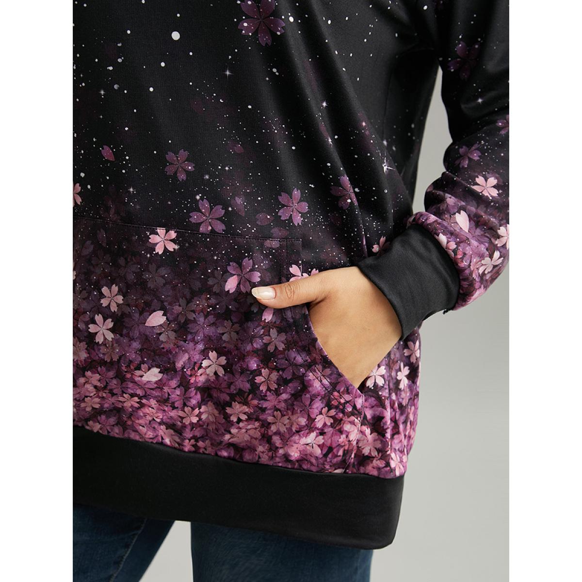 Plus Size Floral Hooded Kangaroo Pocket Sweatshirt Women Black Casual Printed Hooded Dailywear Sweatshirts BloomChic 14-16/1X Product Image