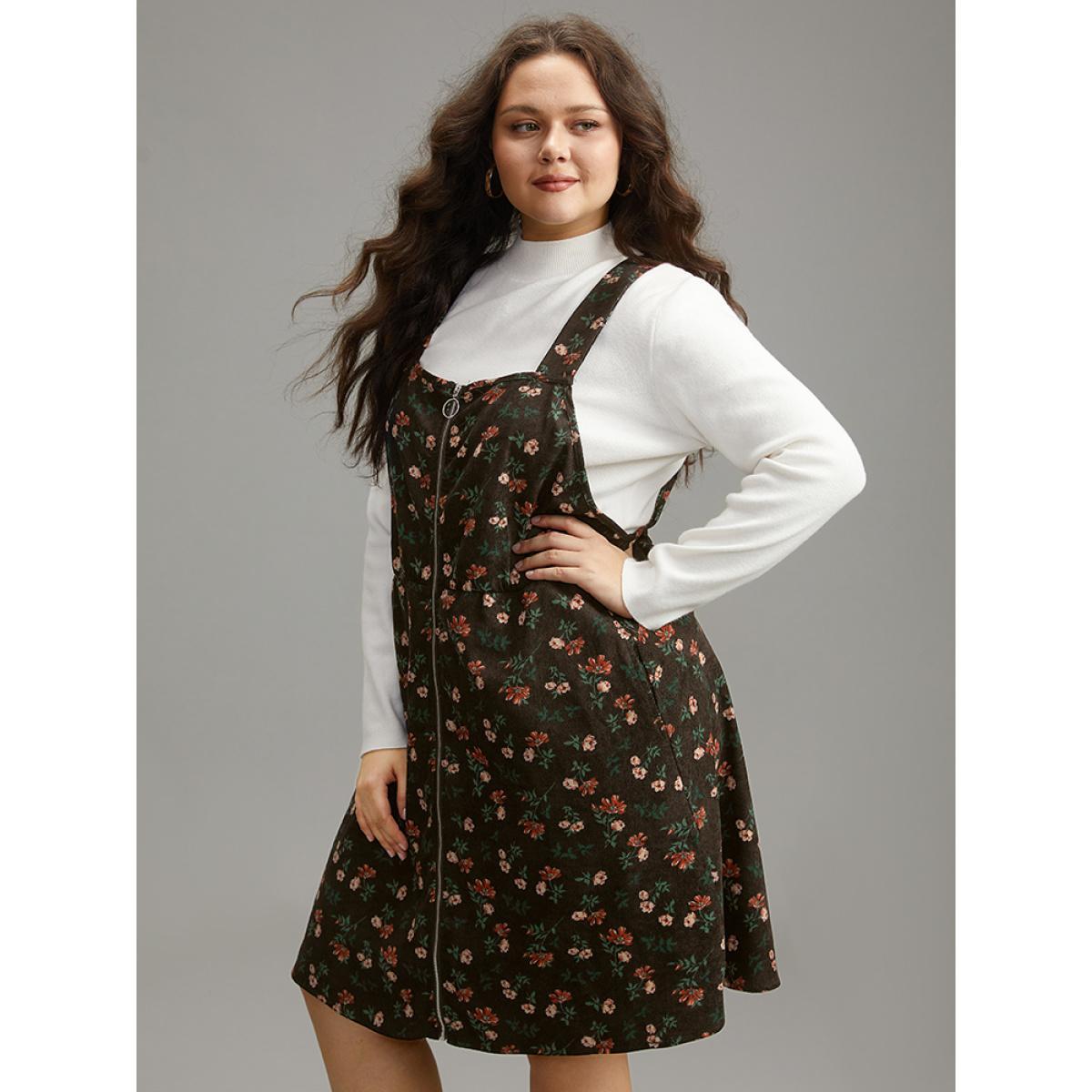 Plus Size Ditsy Floral Corduroy Pocket Zipper Fly Cami Dress Bronze Women Casual Printed Square Neck Sleeveless Curvy Knee Dress BloomChic 22-24/3X Product Image