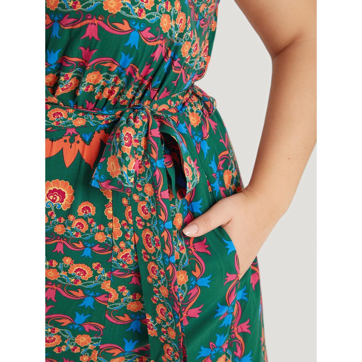 Plus Size Boho Print Belted Split Hem Pocket Cami Dress DarkGreen Women Vacation Gathered V-neck Sleeveless Curvy Midi Dress BloomChic 30/6X Product Image