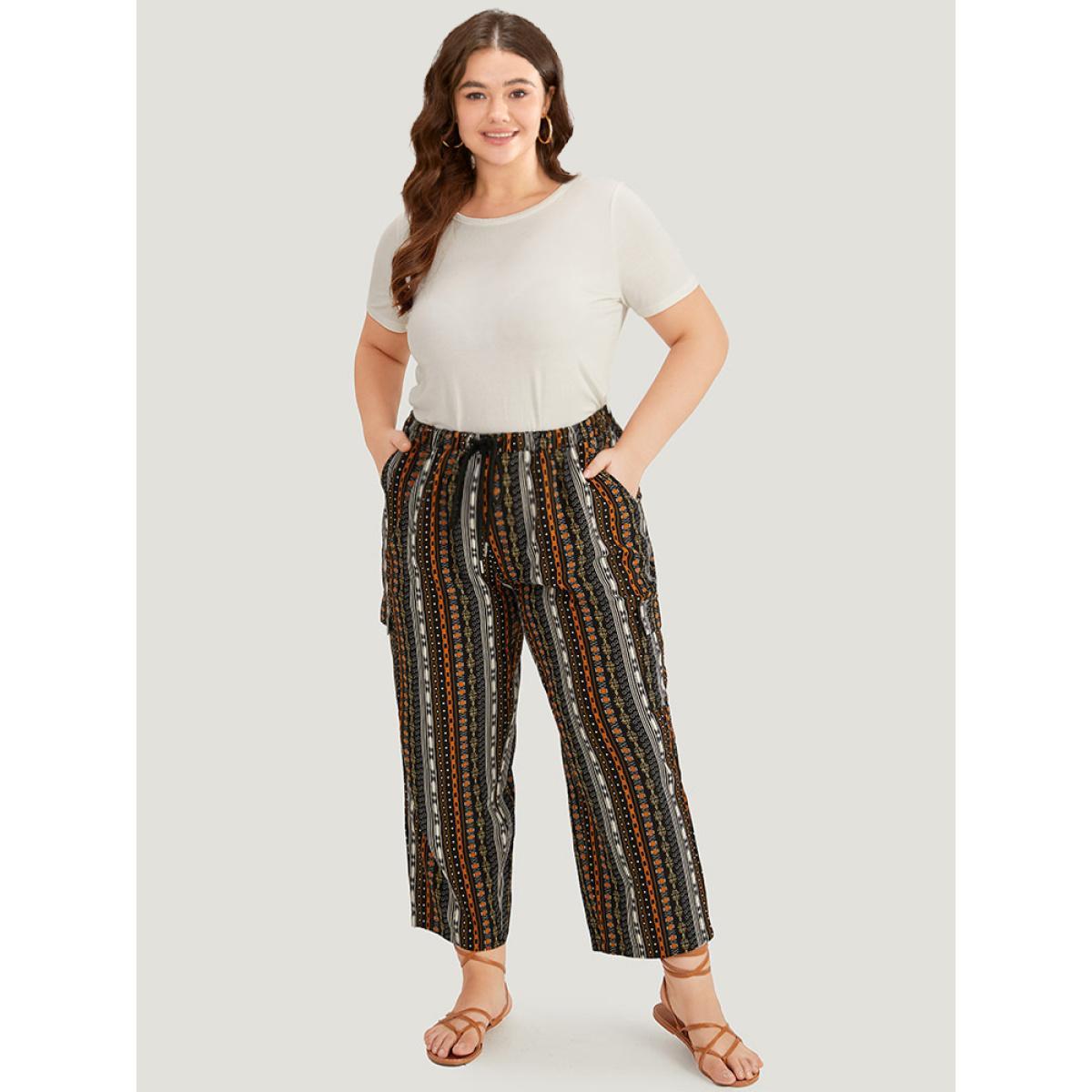 Plus Size Boho Print Pocket Drawstring Elastic Waist Pants Women Black Casual Straight Leg High Rise Dailywear Pants BloomChic 14-16/1X Product Image