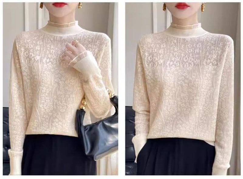 Long-Sleeve Mock Neck Floral Jacquard Frill Trim Sheer Knit Top Product Image