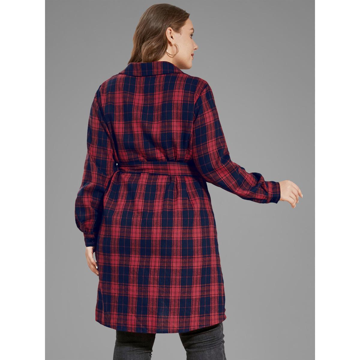Plus Size Red Plaid Button Up Asymmetrical Hem Belted Blouse Women Elegant Long Sleeve V-neck Dailywear Blouses BloomChic 12/L Product Image