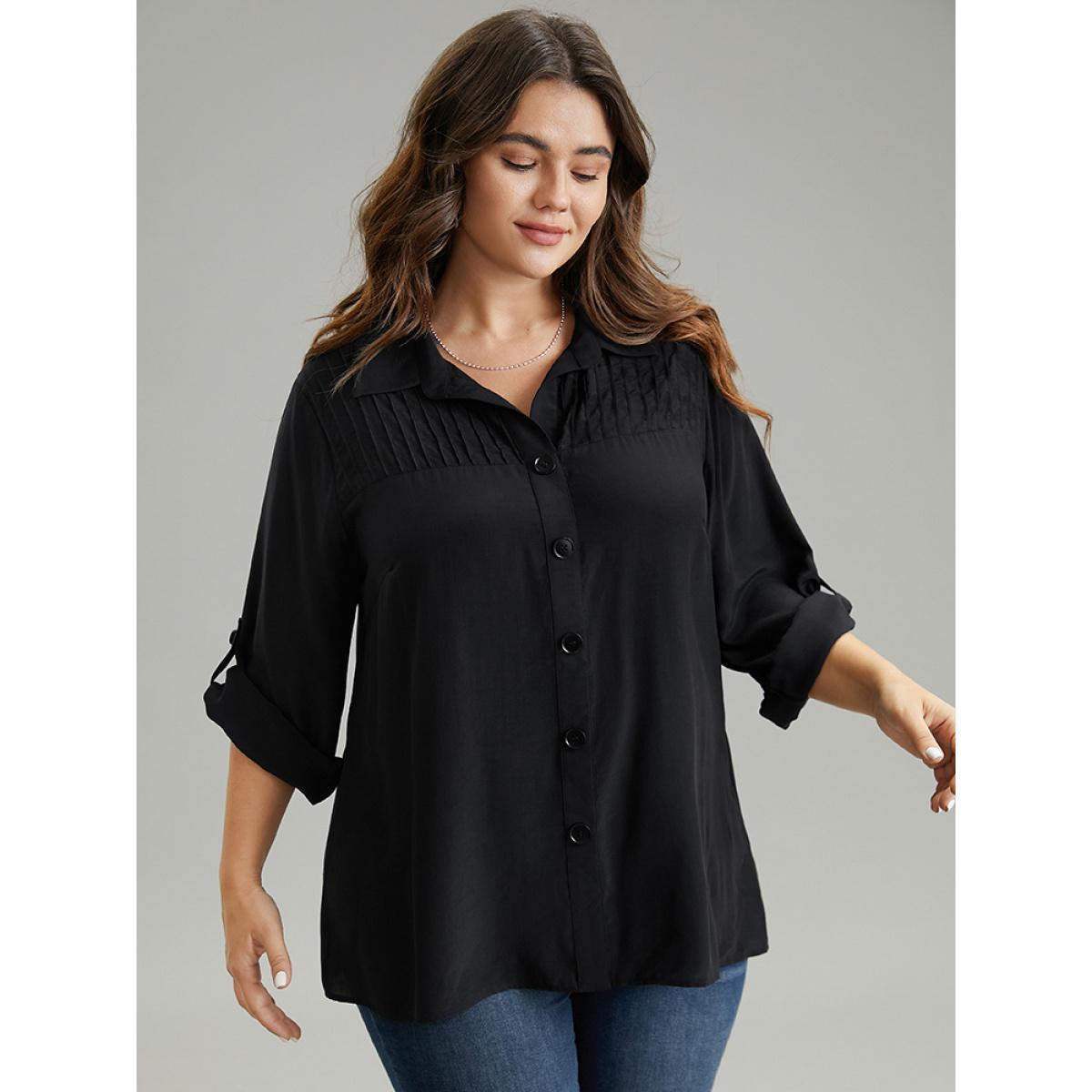 Plus Size Black Solid Button Through Roll Tab Sleeve Blouse Women Office Long Sleeve Shirt collar Work Blouses BloomChic 10/M Product Image