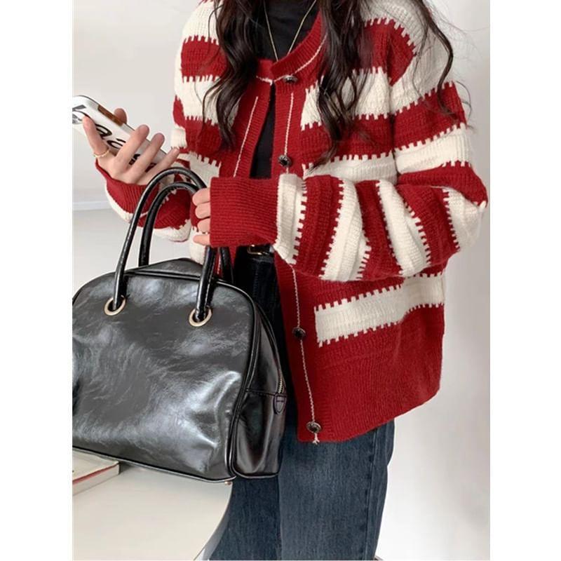 Round Neck Striped Cardigan Product Image