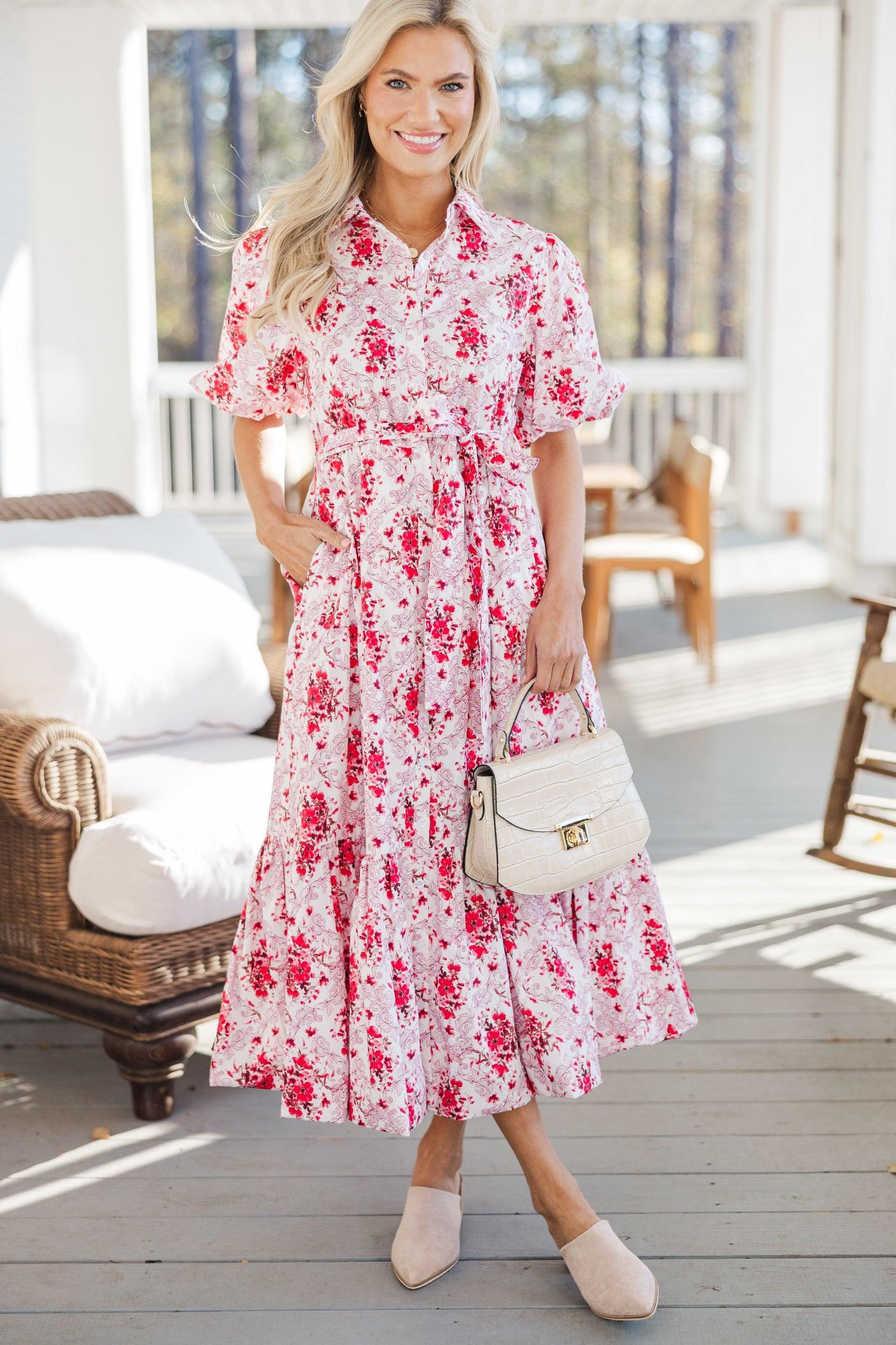 All I Need To Know Red Floral Midi Dress Female Product Image