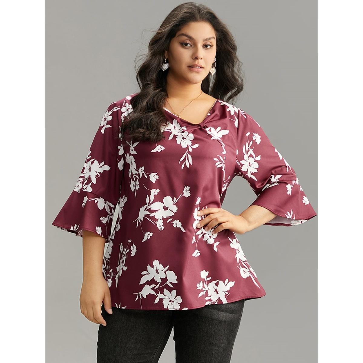 Plus Size Scarlet Silhouette Floral Print Ruffle Sleeve Twist Front Blouse Women Elegant Elbow-length sleeve Round Neck Party Blouses BloomChic 22-24/3X Product Image