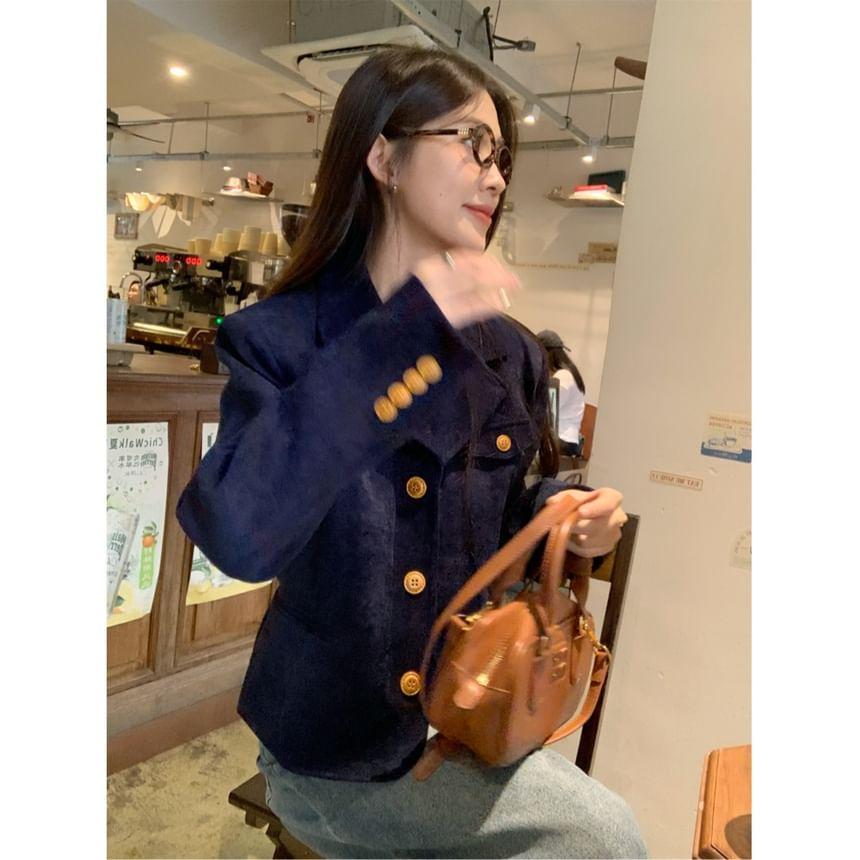 Notch Lapel Plain Single-Breasted Corduroy Crop Blazer Product Image