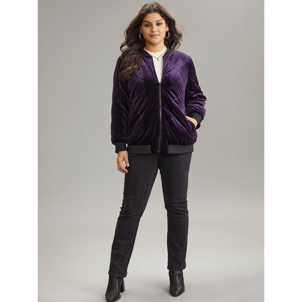 Plus Size Velvet Zipper Fly Pocket Quilted Padded Jacket Women Eggplant Velvet Pocket Dailywear Jackets BloomChic 14-16/1X Product Image