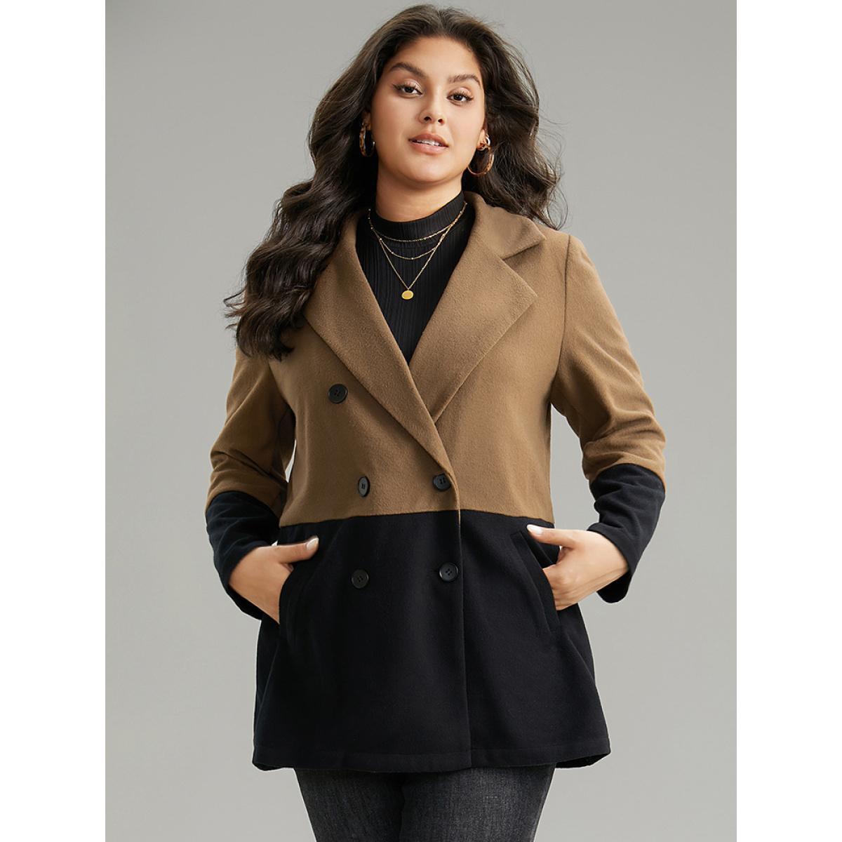 Plus Size Contrast Lapel Collar Double Breasted Pocket Coat Women DarkBrown Casual Contrast Ladies Dailywear Winter Coats BloomChic 18-20/2X Product Image