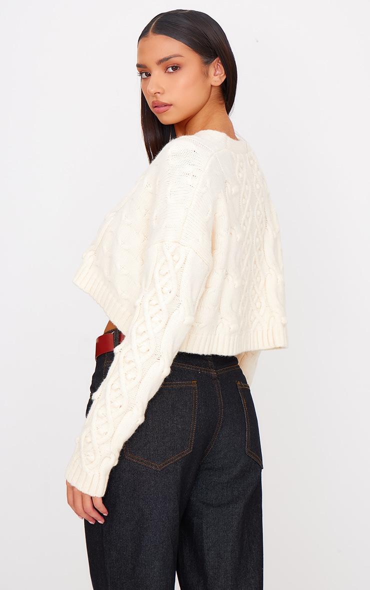 Cream Textured Cable Knit Cropped Cardigan Product Image
