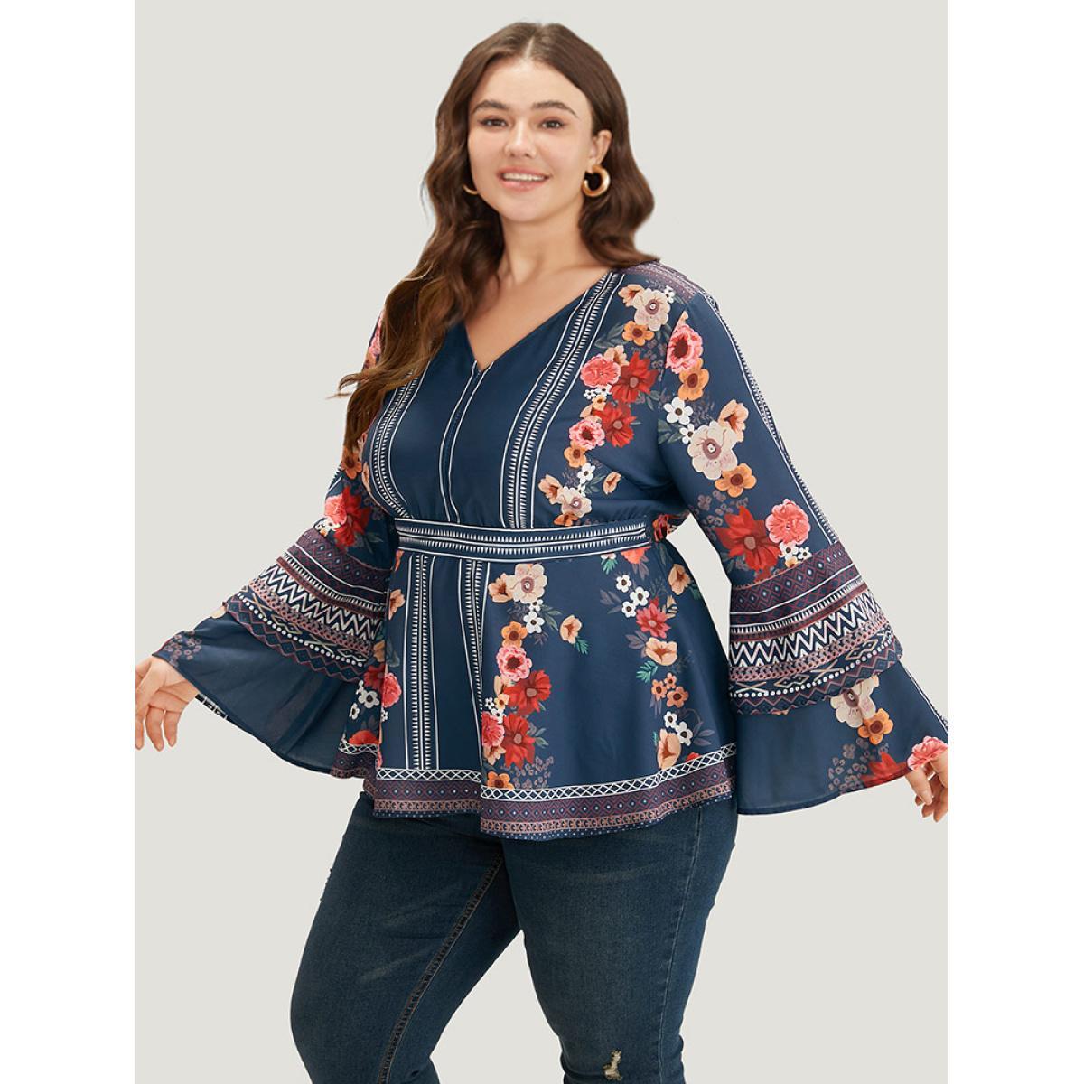 Plus Size Stone Boho Print V Neck Elastic Waist Bell Sleeve Blouse Women Vacation Long Sleeve V-neck Vacation Blouses BloomChic 18-20/2X Product Image