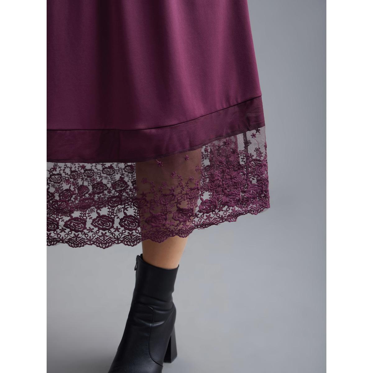 Plus Size Floral Embroidered Mesh Crisscross Dress Deeppurplered Women Elegant Woven ribbon&lace trim Round Neck Long Sleeve Curvy BloomChic 10/M Product Image