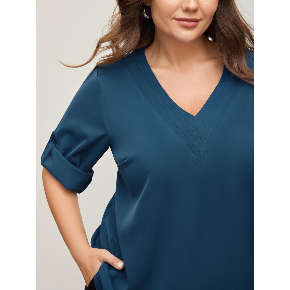 Plus Size Indigo V Neck Plain Pleated Tab Sleeve Blouse Women At the Office Elbow-length sleeve V-neck Work Blouses BloomChic 14-16/1X Product Image