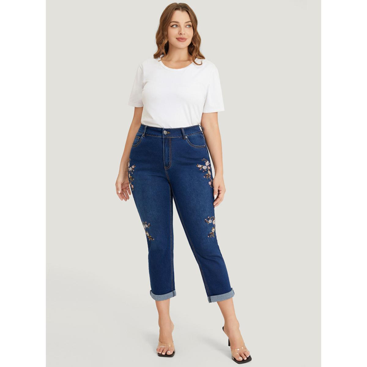 Plus Size Straight Leg Very Stretchy Dark Wash Floral Embroidered Jeans Women DarkBlue Casual Plain Embroidered High stretch Jeans BloomChic 18/2X Product Image